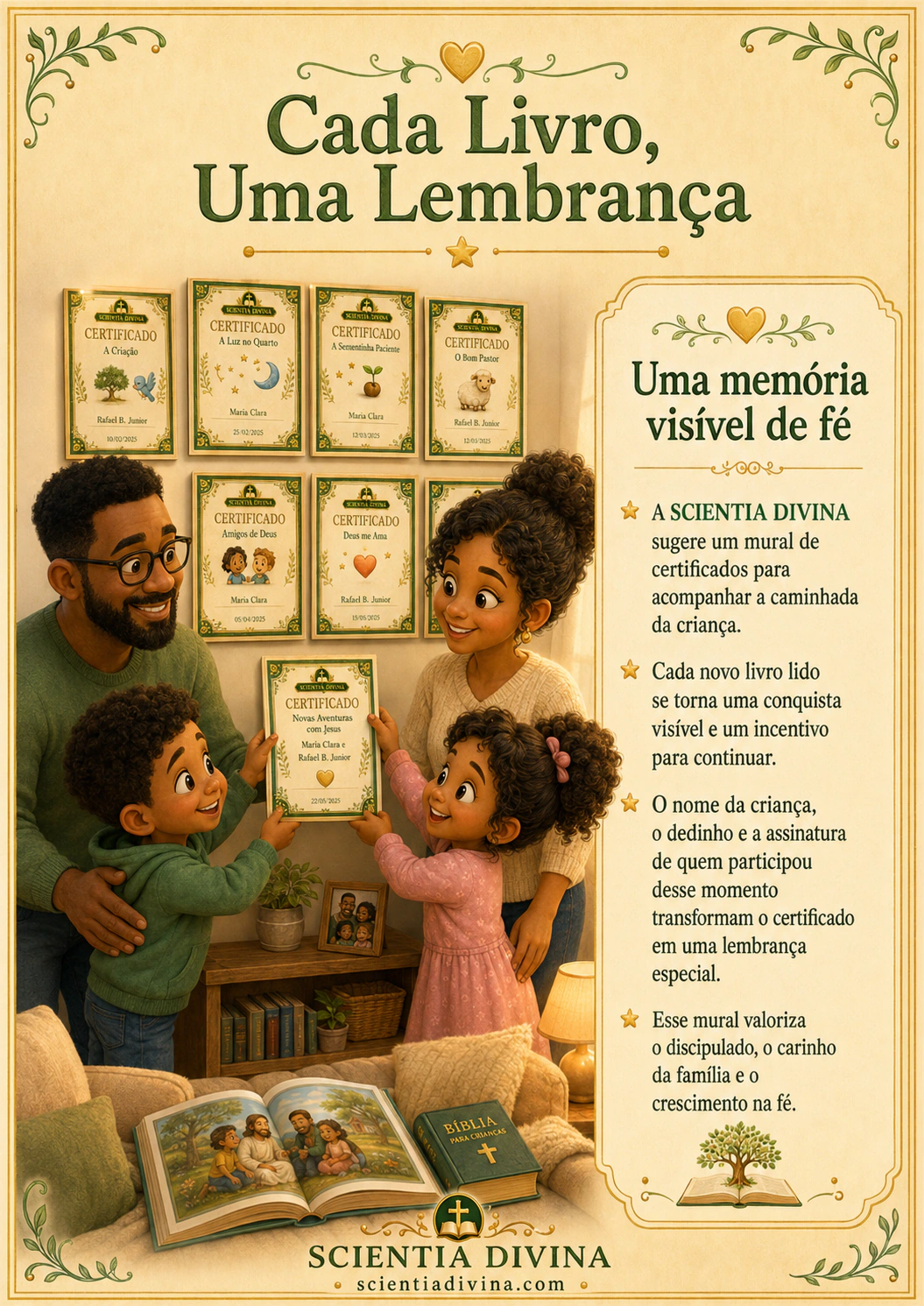 Família celebrando a jornada de leitura diante de um mural de certificados da Scientia Divina