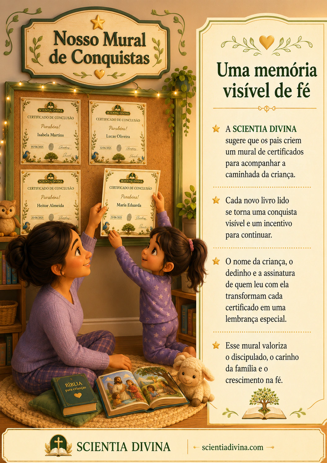 Mãe e filha organizando certificados em um mural de conquistas da Scientia Divina