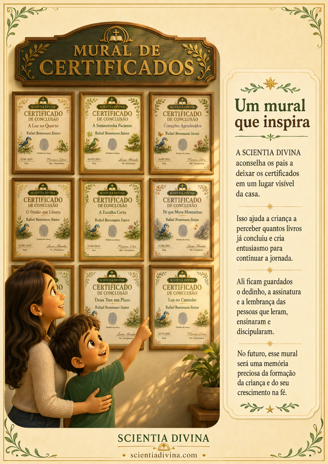 Mãe e filho observando um mural com certificados de conclusão da Scientia Divina