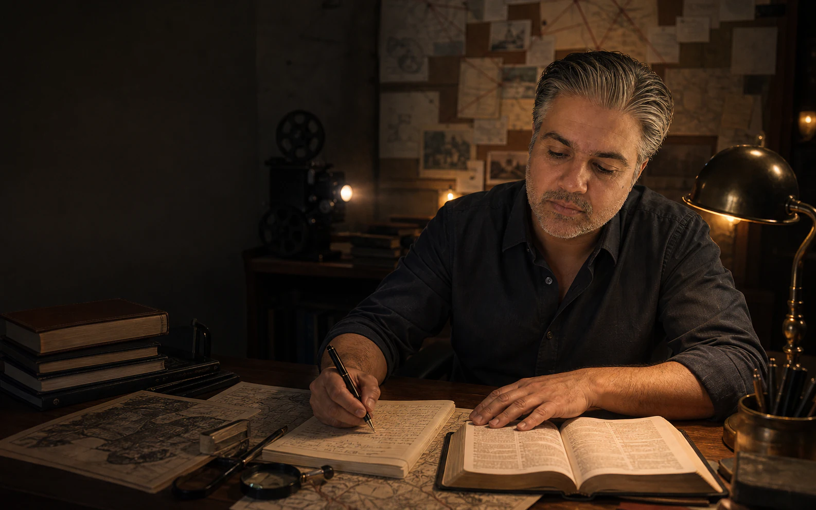 Rafael pesquisando em um escritório durante a noite