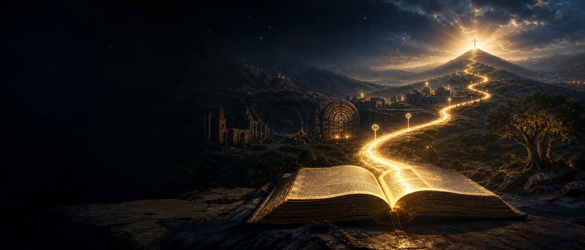 Uma Bíblia aberta de onde nasce um caminho dourado que atravessa a paisagem até uma cruz iluminada