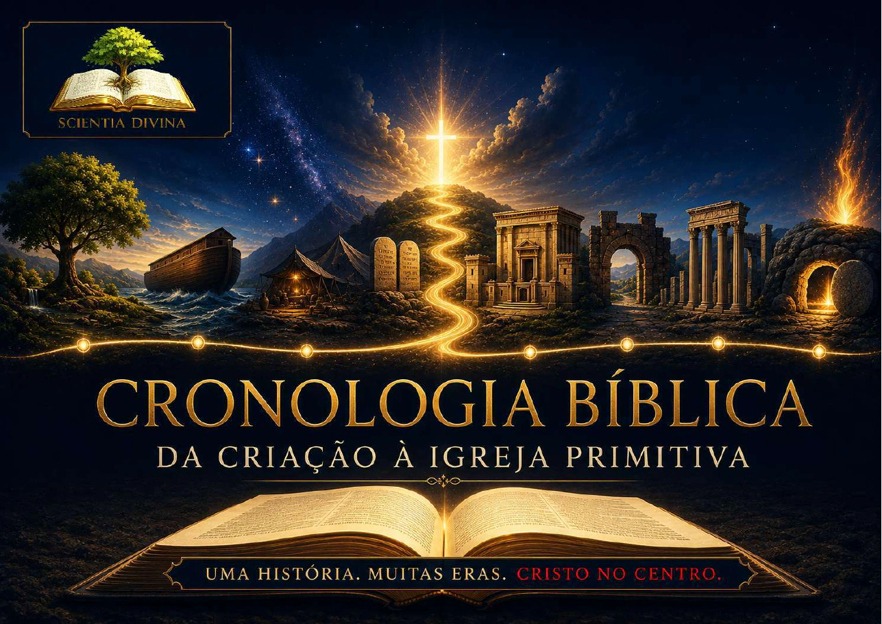 Capa da Cronologia Bíblica com uma Bíblia aberta, uma linha dourada e a cruz