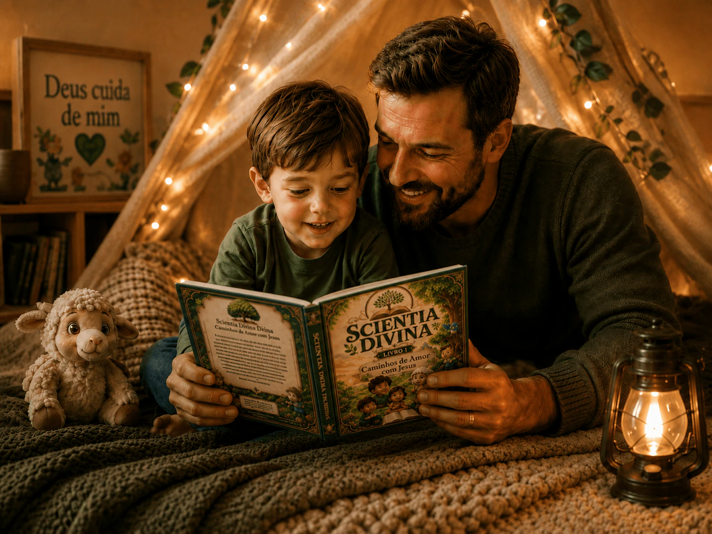 Pai e criança lendo juntos um livro da Scientia Divina em um momento acolhedor