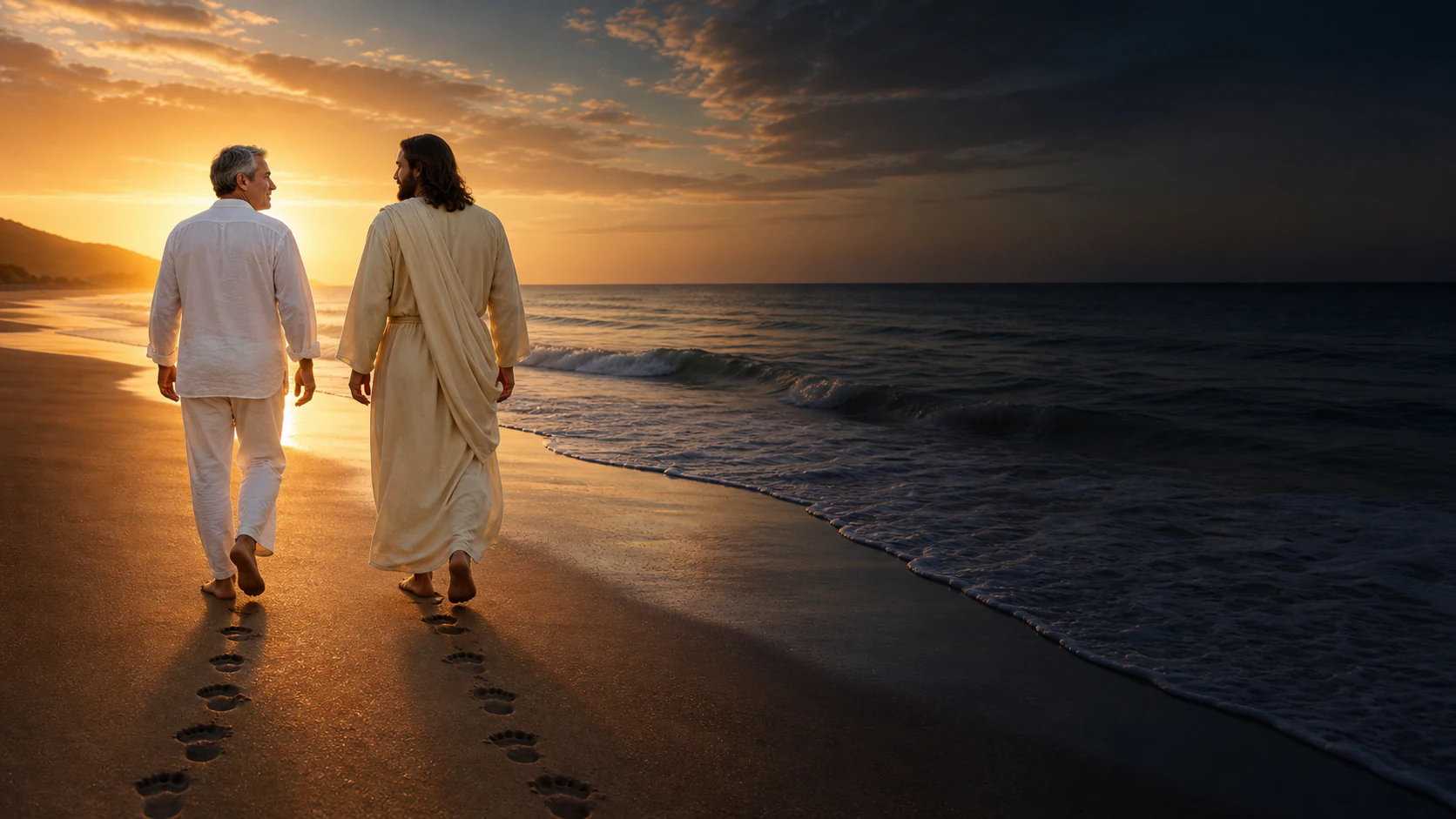 Representação artística de Rafael e Jesus caminhando juntos, com duas trilhas de pegadas na areia