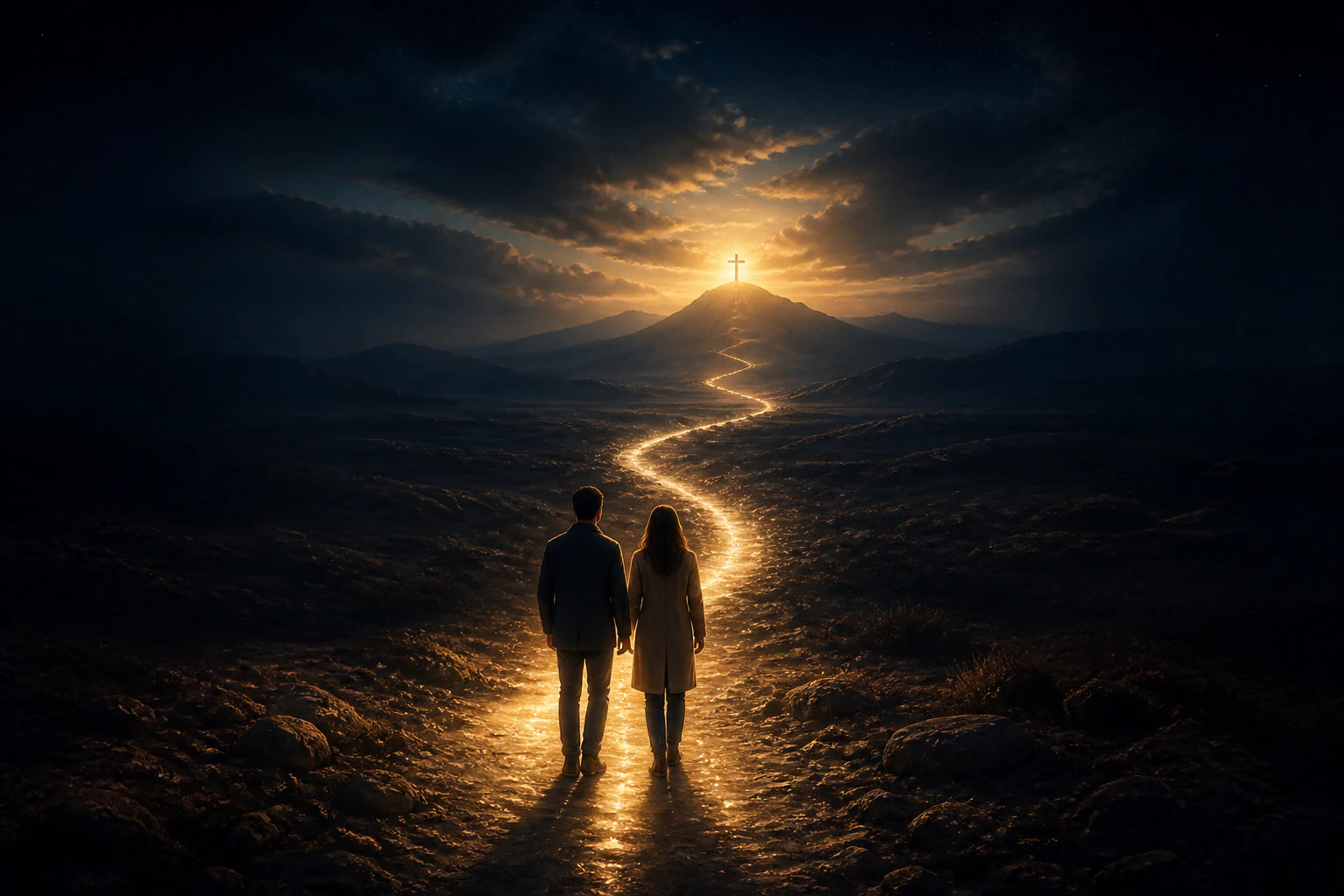 Duas pessoas diante de um caminho luminoso que conduz à cruz